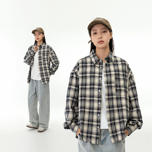 美式 新款 休闲复古宽松格纹长袖 男春季 百搭翻领衬衣女 衬衫 MANNSTU