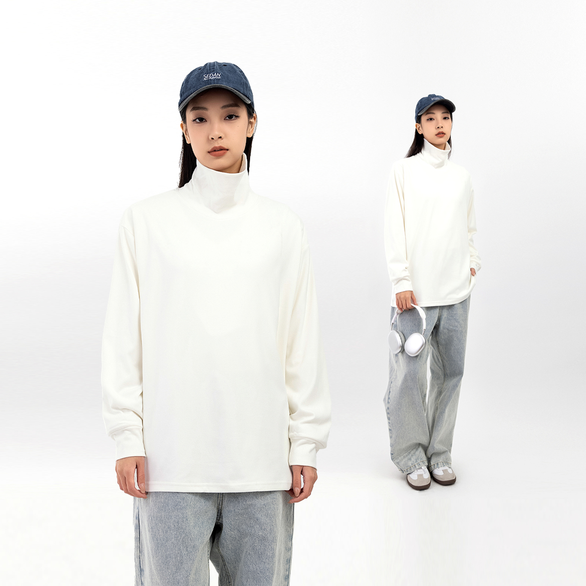 美式复古德绒高领纯色长袖T恤