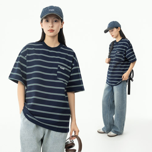 潮流条纹圆领短袖T恤女