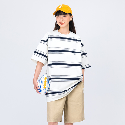 夏季新款日系宽松条纹圆领短袖