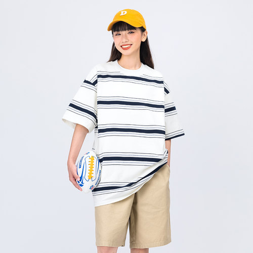 夏季新款日系宽松条纹圆领短袖