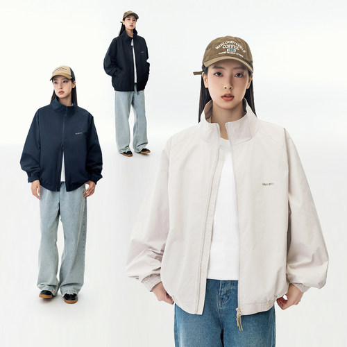 立领防水纯色拉链夹克外套女