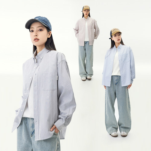 休闲宽松中性长袖条纹衬衫