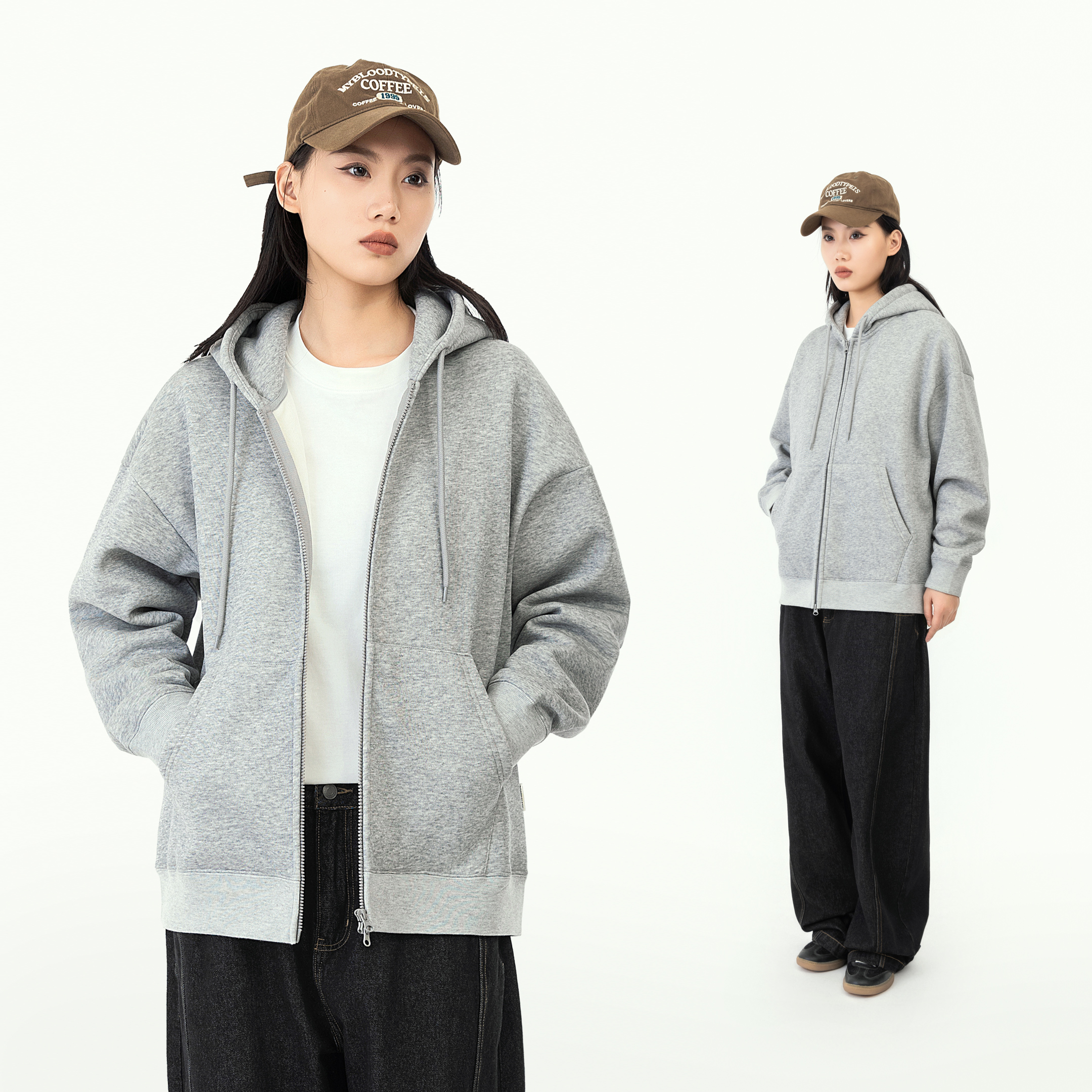 MANNSTU 2025冬季重磅450g加绒连帽开衫卫衣女双头拉链抓绒帽衫男