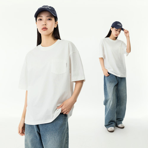 MANNSTU 2025夏季纯棉百搭胸前小兜圆领短袖T恤女 情侣中性半袖男