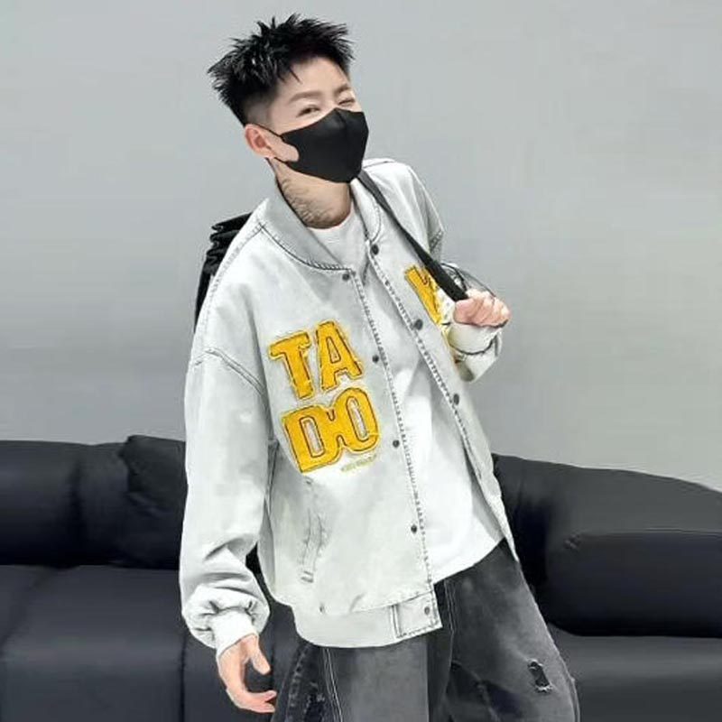 秋季新款时尚潮流欧货字母贴布宽松休闲棒球服牛仔外套夹克上衣男