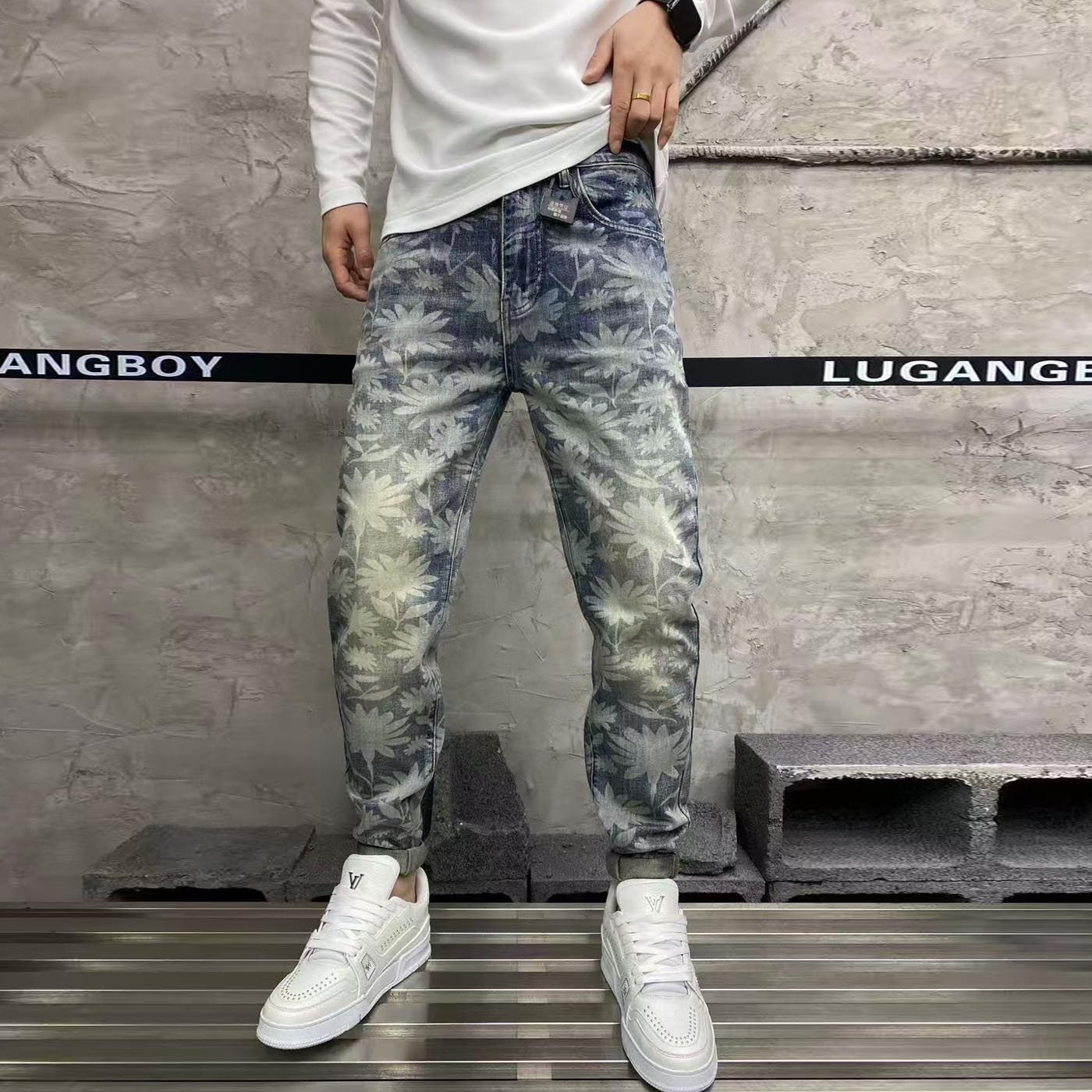 春季潮款时尚流行欧货个性痞帅拉风满印花弹力修身小脚男士牛仔裤,男装,牛仔裤,淘宝优惠券,粉丝福利购,淘宝优惠卷