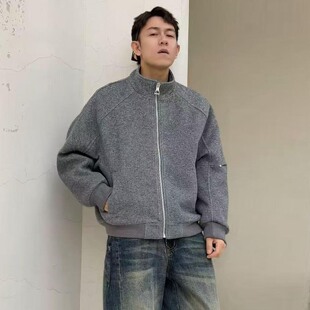 春季新款时尚潮流男士韩版宽松休闲短款毛呢立领夹克外套网红上衣