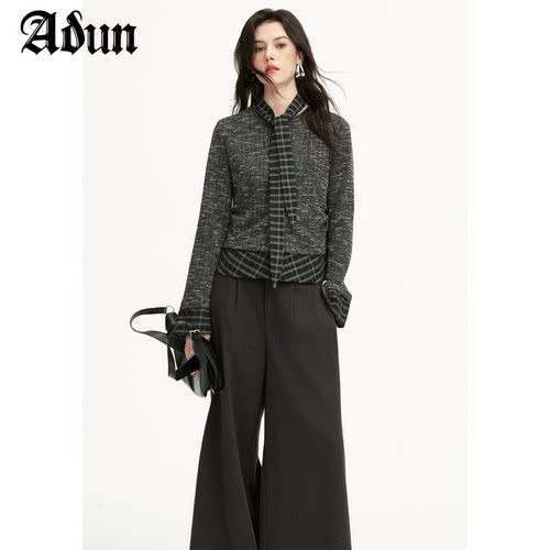 Abun【商场同款】2026冬季新品格纹围巾拼接修身气质针织上衣女