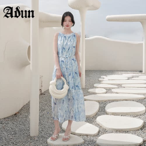 Abun【商场同款】2026年夏季新品温柔风蓝白印花收腰显瘦连衣裙
