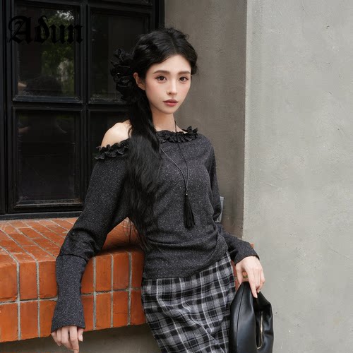Abun黑色一字肩上衣女2026秋木耳边露肩长袖亚麻混纺收腰小众上衣
