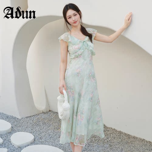 AbunAbun【商场同款】2026 年夏季新品绿色印花收腰垂感碎花裙子