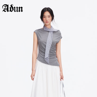 Abun【商场同款】2026年夏季新品气质格纹丝巾飘带修身包肩上衣