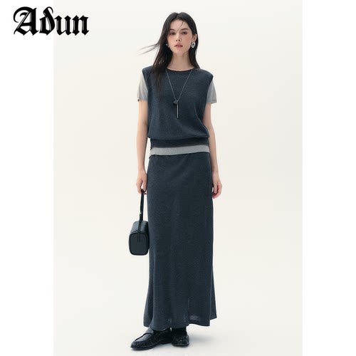 Abun 2026秋季新品深灰色假两件针织上衣半身裙套装