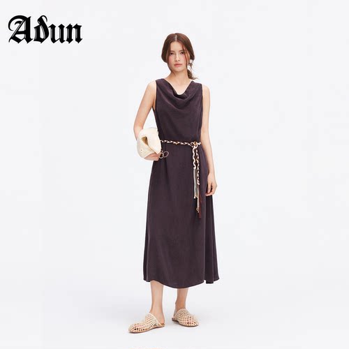 Abun【商场同款】2026年夏季新品复古垂坠荡领无袖中长连衣裙