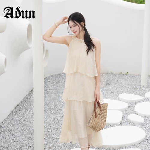 Abun【商场同款】2026年夏季新品温柔立体花朵无袖多层荷叶蛋糕裙