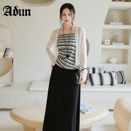 Abun【商场同款】2026夏季新品开衫+黑白条纹吊带垂感半身裙套装