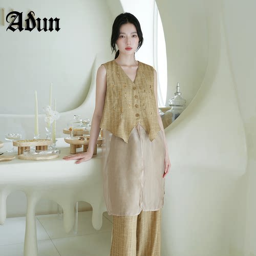 Abun【商场同款】2026年夏季新品 V 领透纱拼接马甲高腰阔腿裤