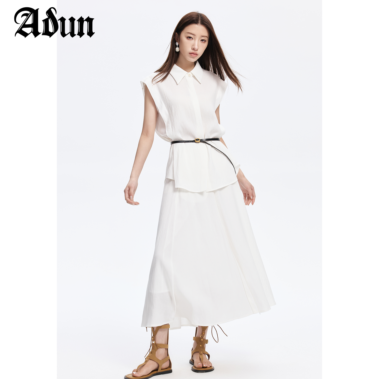 Abun【商场同款】夏季新品纯色薄款polo领无袖衬衫收腰休闲