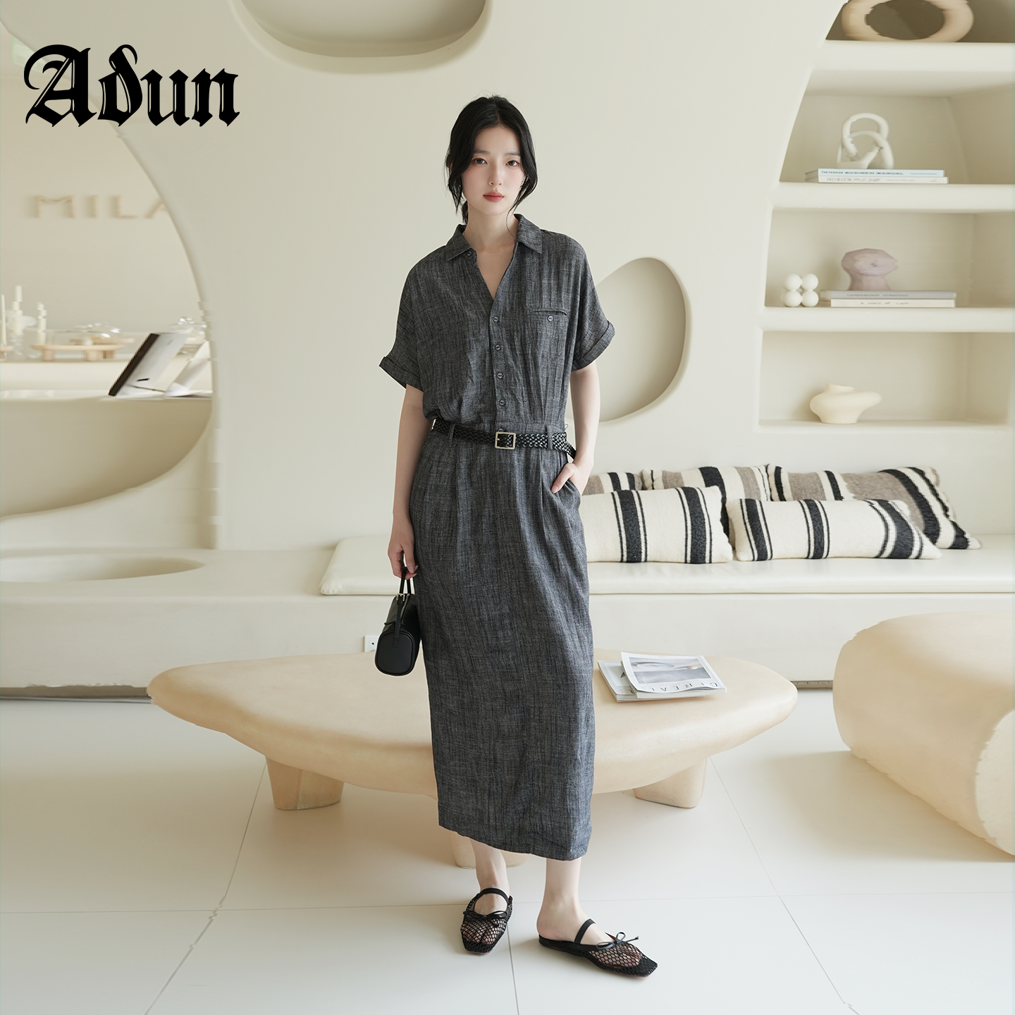 Abun【商场同款】2026年夏季新品翻领短袖配腰带收腰通勤直筒裙