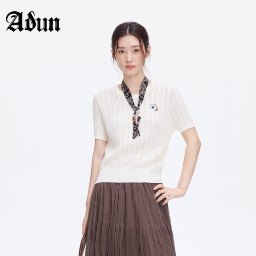 Abun【商场同款】2026年秋季新品温柔米白色镂空短袖针织上衣