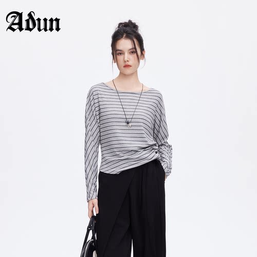 Abun秋季灰白条纹长袖t恤女