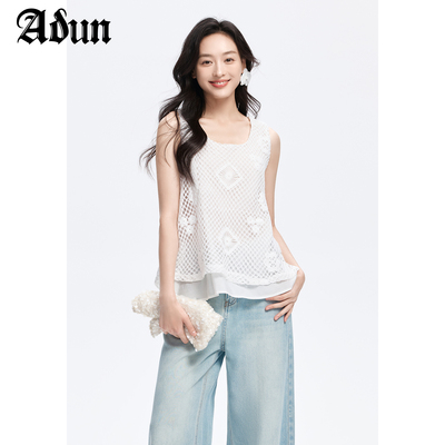 Abun【商场同款】夏季新品假两件镂空钩花针织背心上衣女