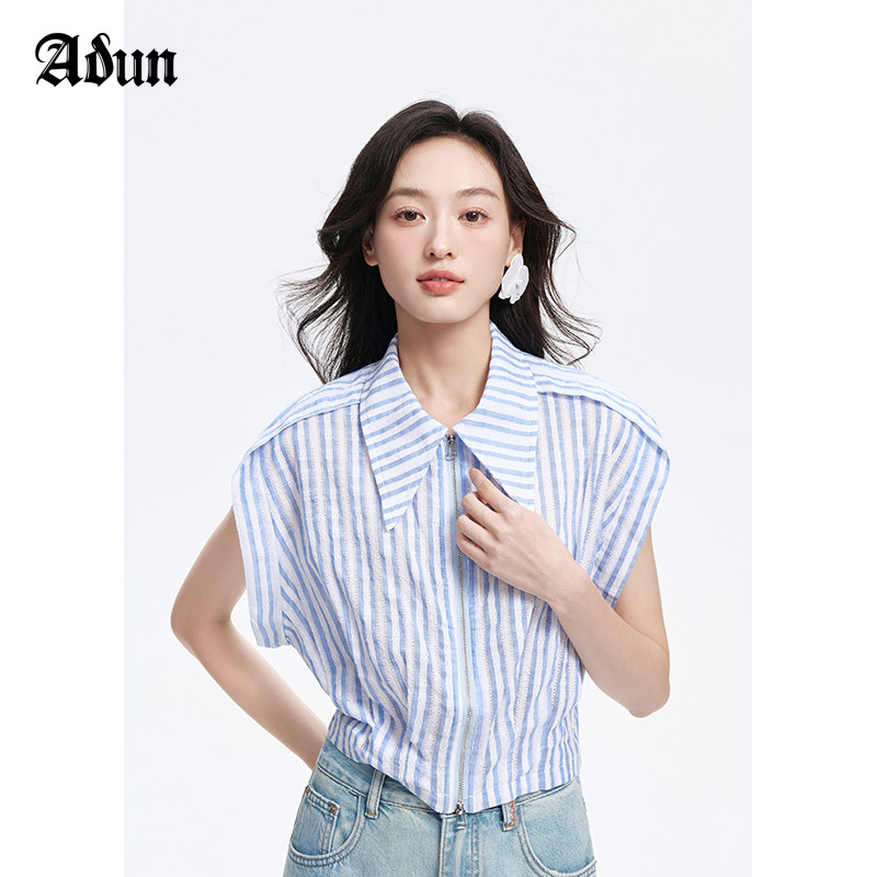 Abun【商场同款】夏季新品条纹Polo领无袖拉链衬衫女图片