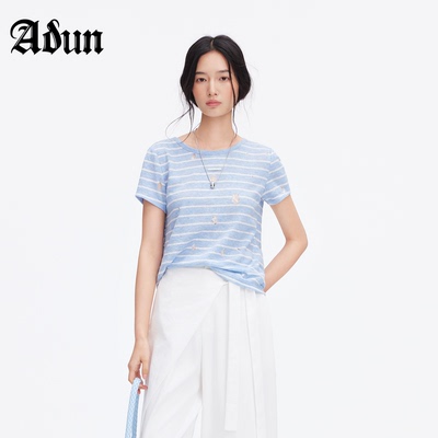 Abun【商场同款】2026年夏季新品韩系清新条纹镂空蕾丝拼接T恤