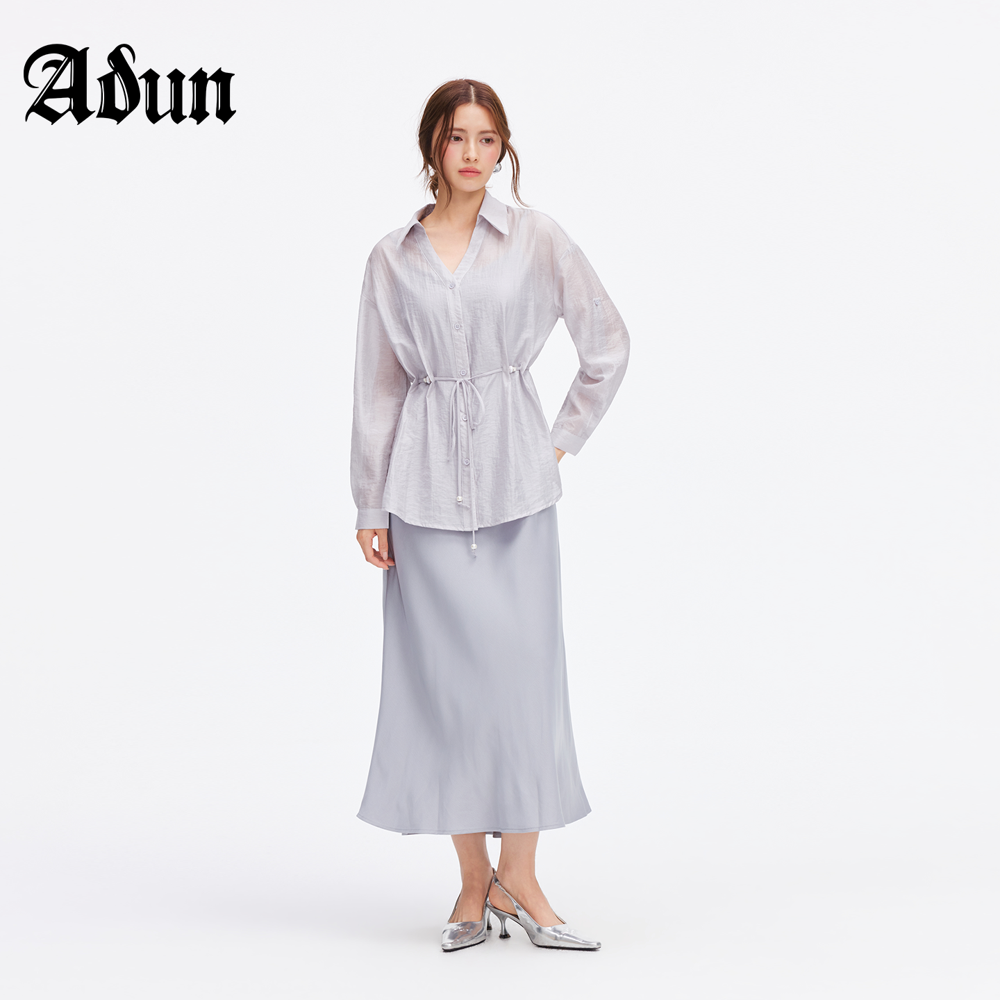 Abun【商场同款】2026年夏季新品温柔风收腰抽绳衬衫吊带裙套装
