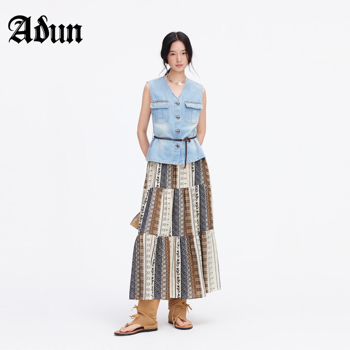 Abun【商场同款】2026年夏季新品牛仔马甲波西米亚风半裙套装