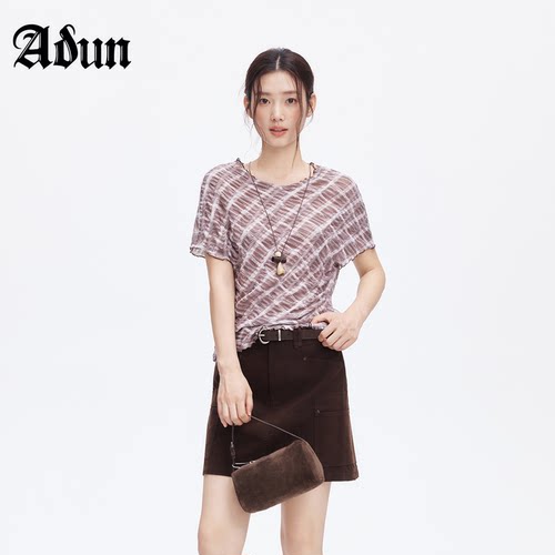 Abun【商场同款】2026年秋季新品复古褶皱木耳边松弛感肌理短袖