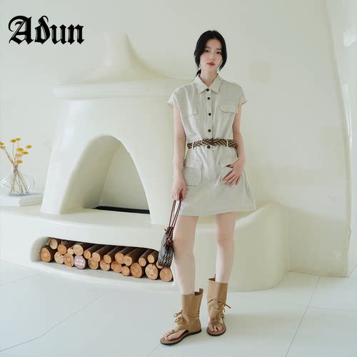 Abun【商场同款】2026年夏季新品翻领无袖配腰带收腰显瘦裙子