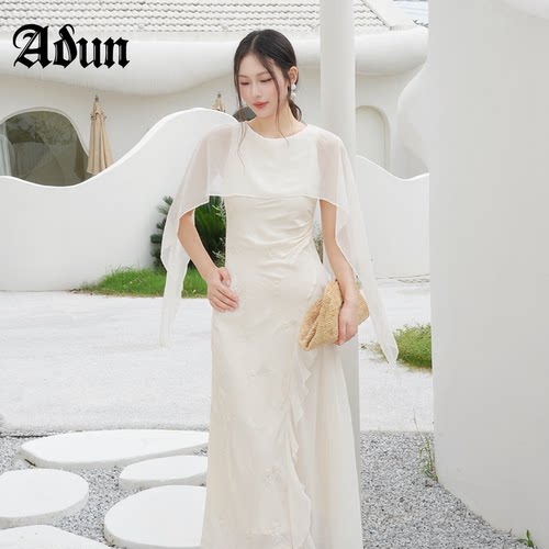Abun【商场同款】2026夏季新品飘片盖肩立体绣花荷叶开叉连衣裙