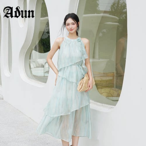 Abun【商场同款】2026年夏季新品无袖立体小花装收腰不规则连衣裙