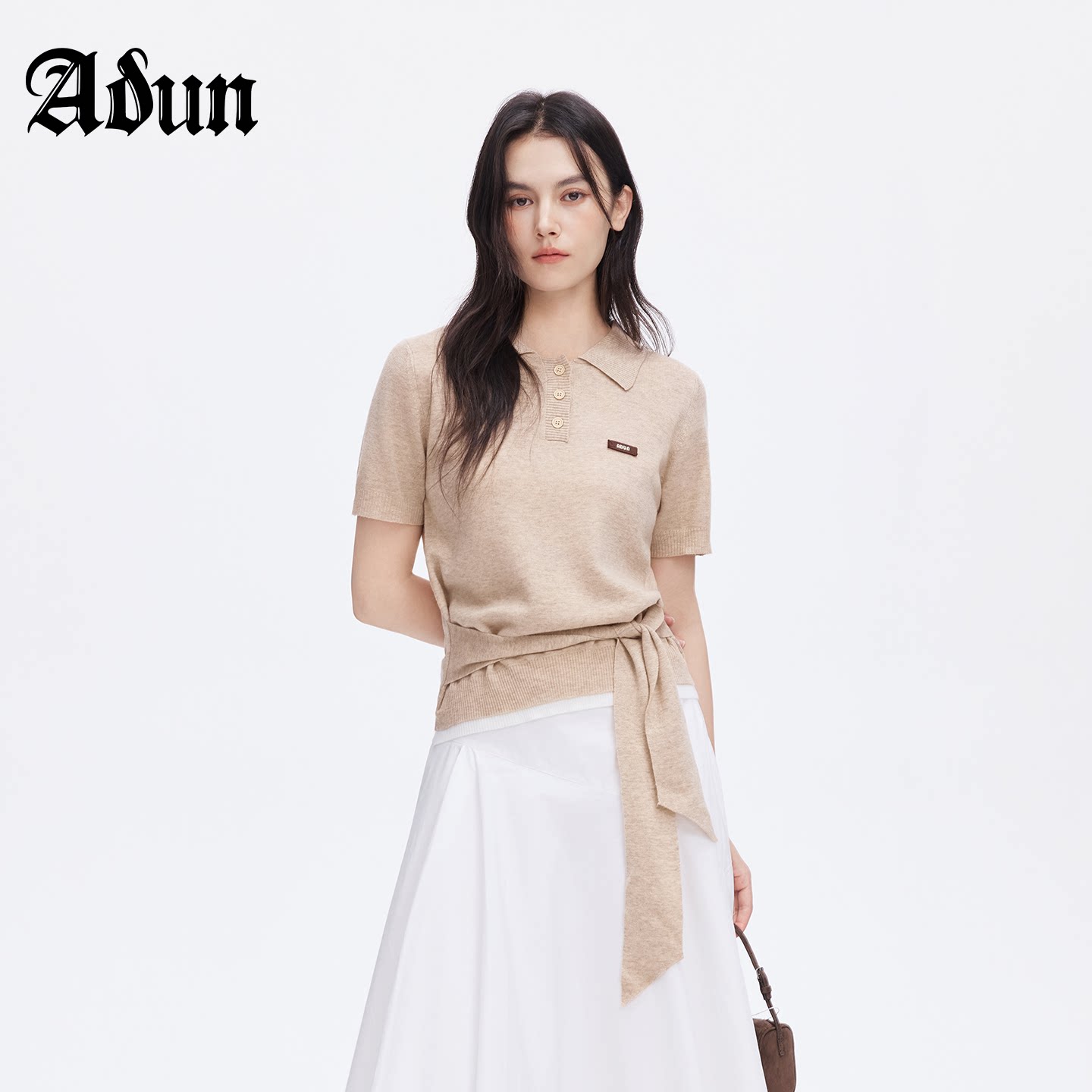 Abun【商场同款】2026年秋季新品翻领小众侧边系带收腰针织短袖