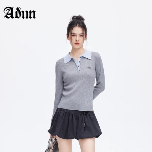 Abun撞色Polo领显瘦针织衫女