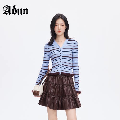 Abun条纹V领针织开衫女显瘦短款