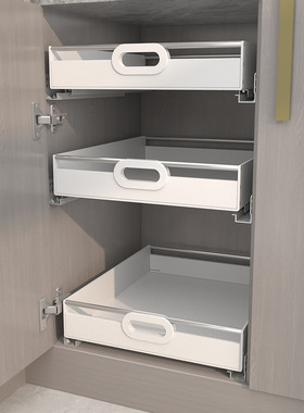 新款自制家用厨房橱柜子深柜拉篮带不锈钢杆带轨道抽屉托盘储物盒