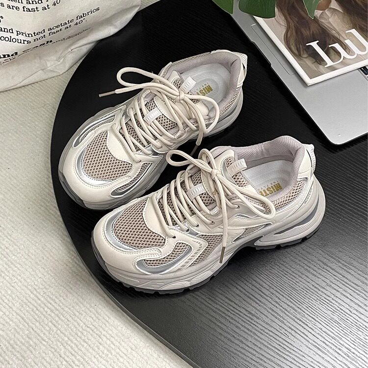 杏色网面老爹鞋2026新款厚底增高运动休闲鞋ins超火跑步透气女鞋