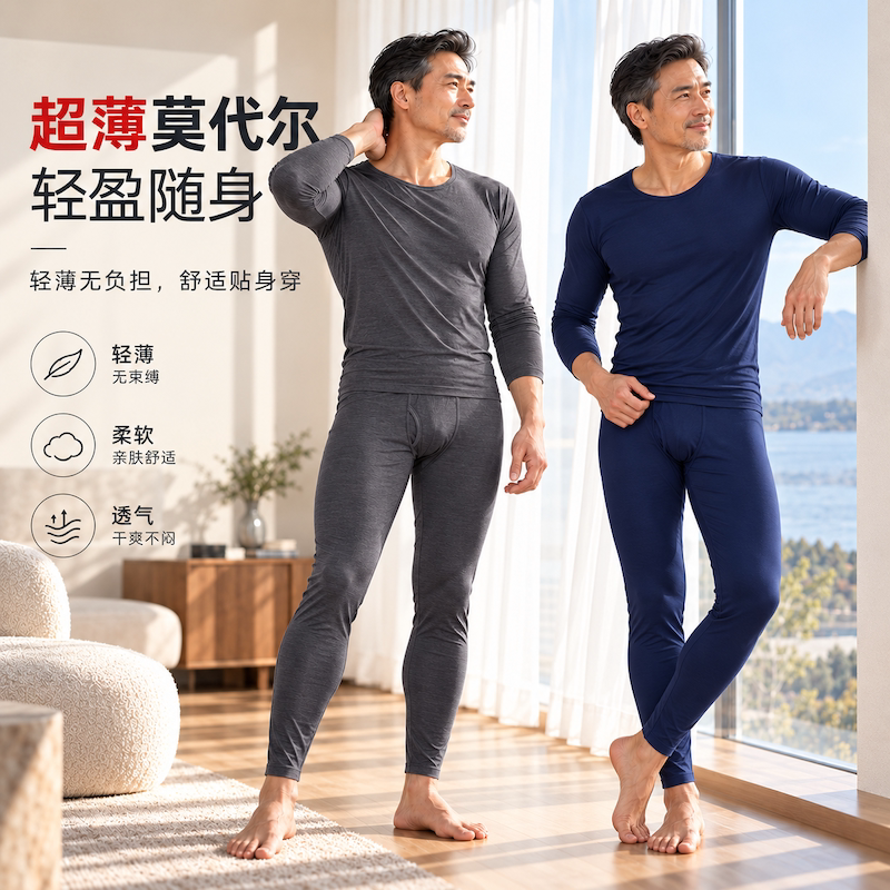 【薄款套装】莫代尔秋衣秋裤薄款男士修身长袖打底超薄内衣贴身