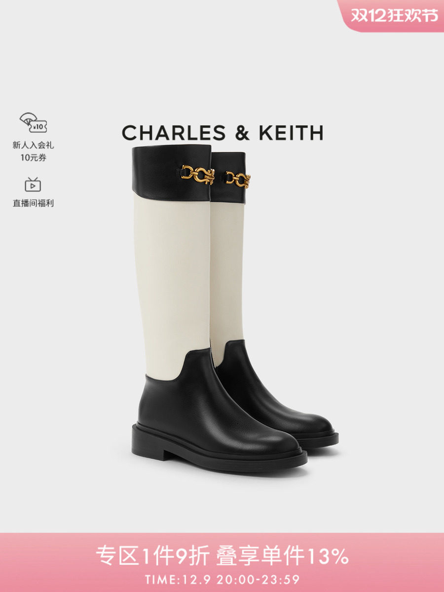 CHARLES&KEITH 가을 겨울 여성 부츠 CK1-90580171 여성용 레트로 메탈 지퍼 하이 부츠