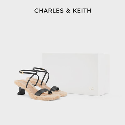 CHARLES&KEITH24春夏新款SL1-61900028毛绒一字带羊皮高跟凉鞋女