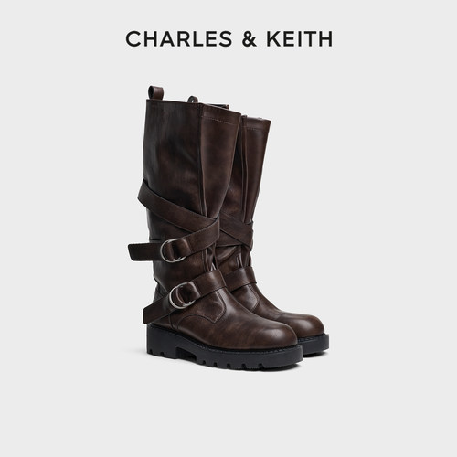 CHARLES＆KEITH厚底绑带宽筒长靴