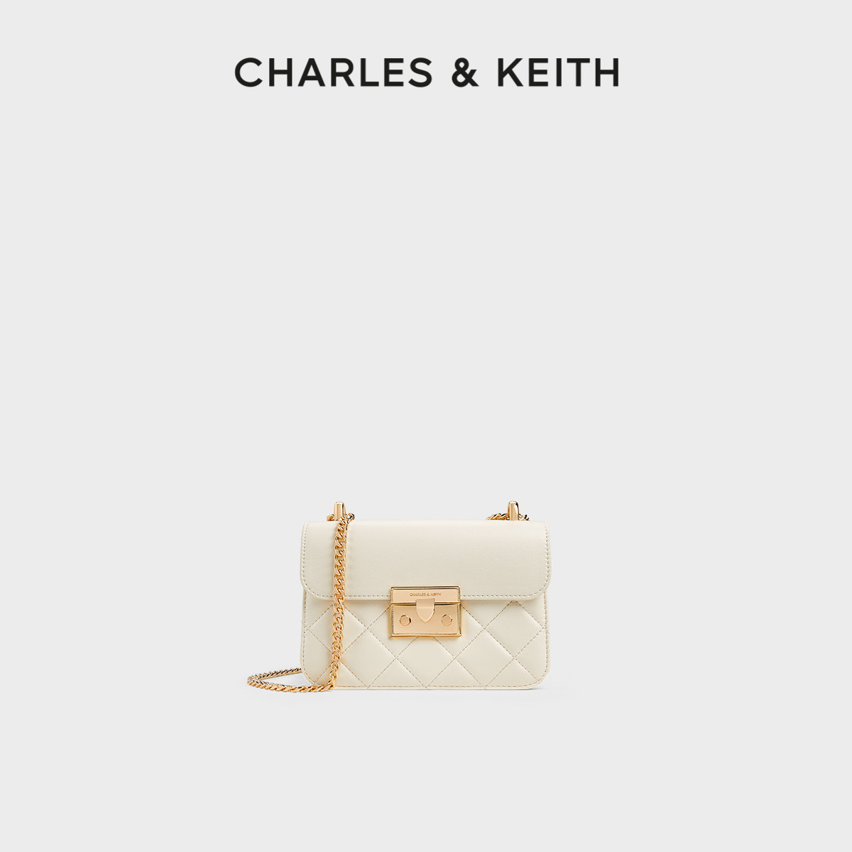 CHARLES&KEITH春季女包CK2-80701360拼接菱格链条斜挎小方包女包