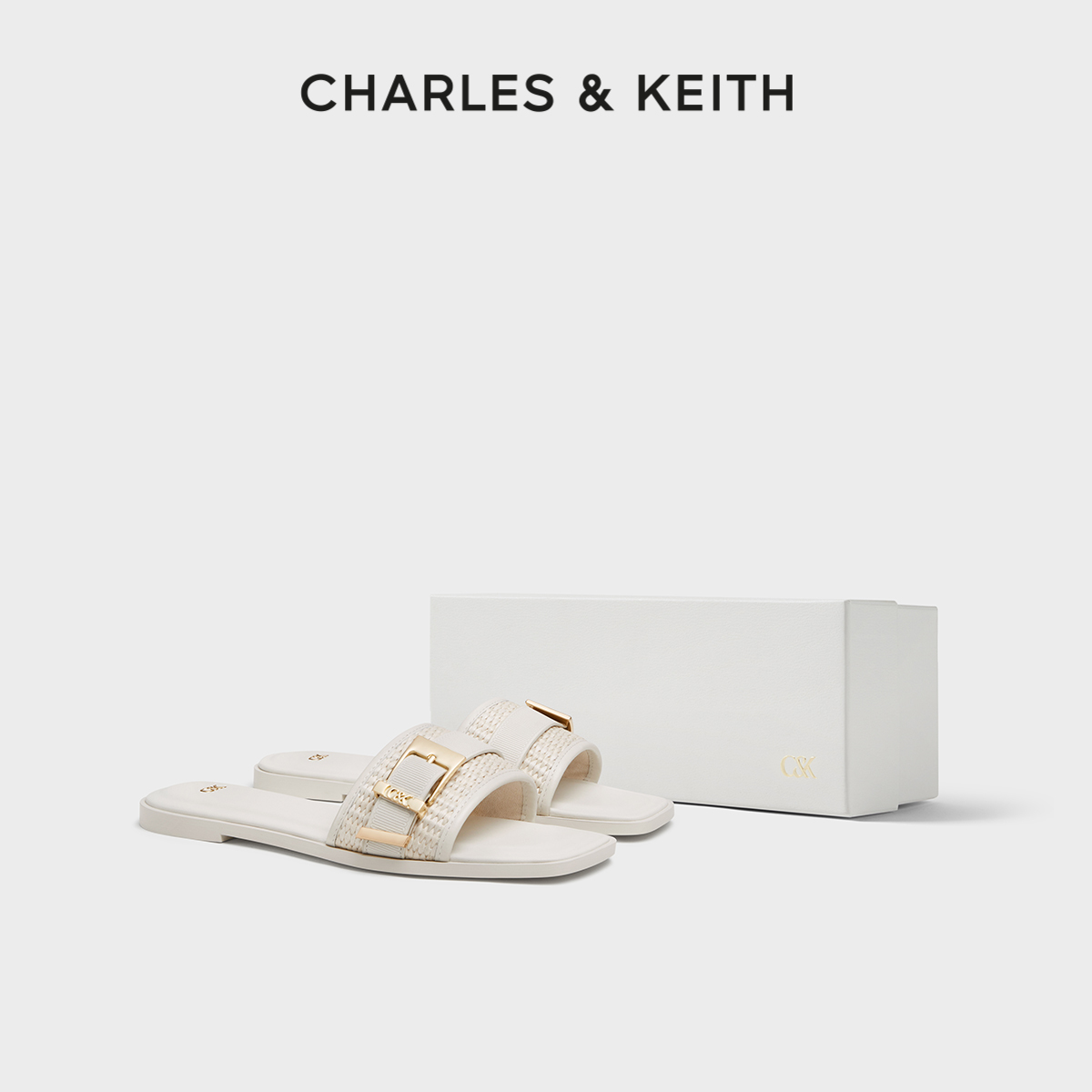 CHARLES&KEITH秋冬女鞋SL1-70380034-1牛皮编织方头平底一字拖鞋