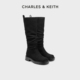 CHARLES&KEITH秋冬女靴CK1 90360408复古骑士靴堆堆靴平底长靴