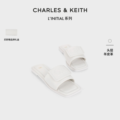 CHARLES&KEITH24春新款SL1-71790025简约方头一字平底真皮拖鞋女