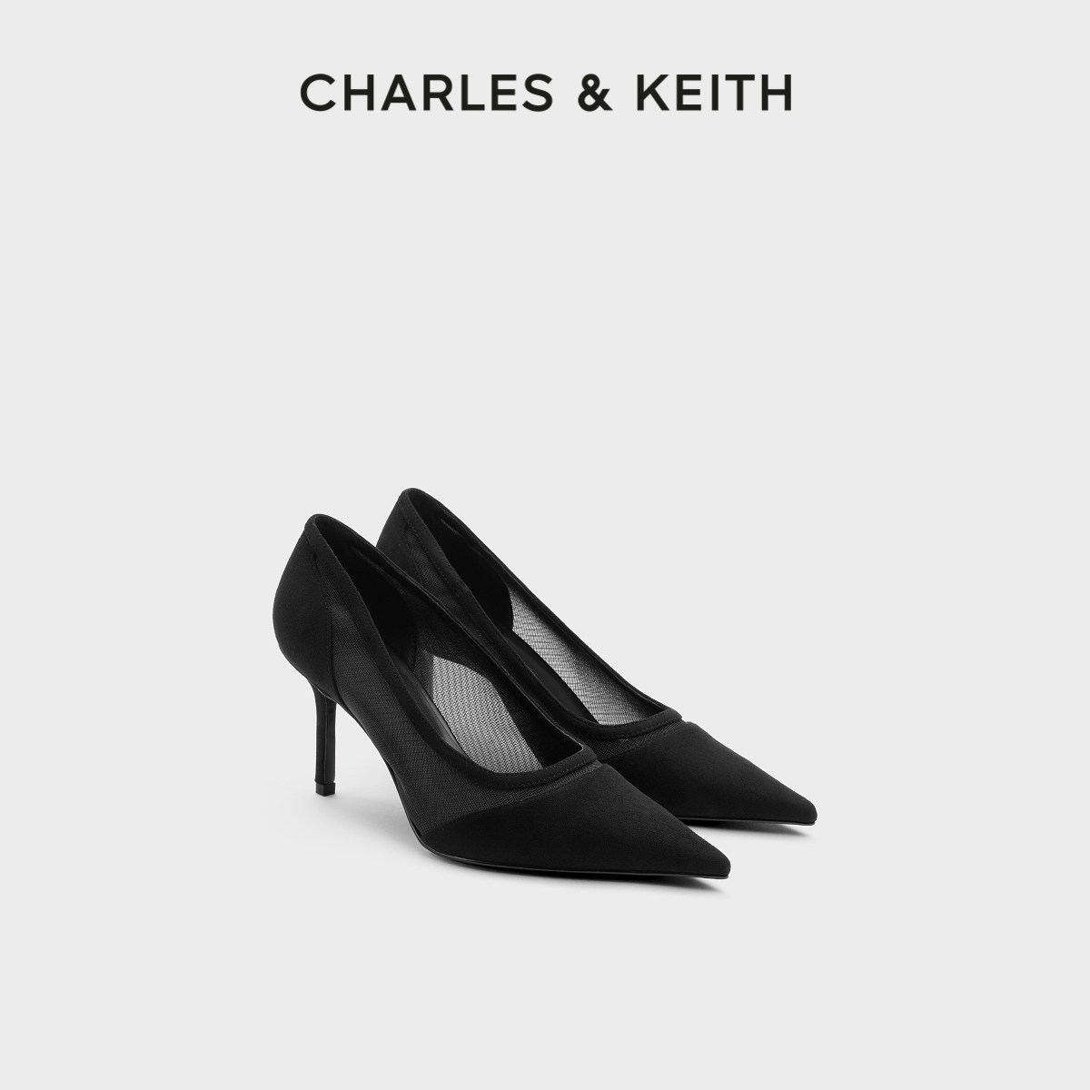 CHARLES&KEITH26秋新款CK1-60361628时尚尖头网纱拼接气质高跟鞋