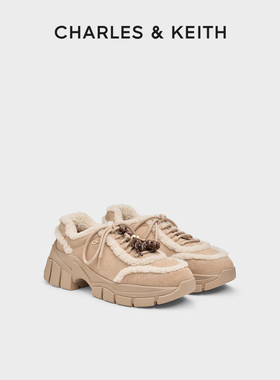 CHARLES&KEITH25冬新款SL1-71960003-1厚底毛绒系带运动鞋老爹鞋